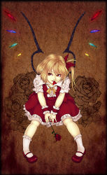 Rule 34 | 1girl, ascot, blonde hair, enmatime, female focus, flandre scarlet, flower, highres, mary janes, petals, red eyes, ribbon, rose, shoes, short hair, side ponytail, sitting, skirt, smile, solo, touhou, wings, wrist cuffs