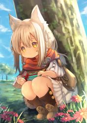 Rule 34 | 1girl, absurdres, animal ears, blue sky, blush, boots, braid, brown footwear, commentary request, day, dress, final fantasy, final fantasy xiv, flower, full body, gift, hair between eyes, highres, holding, huge filesize, lalafell, long hair, looking at viewer, outdoors, short sleeves, sky, solo, squatting, tree, umika35, under tree, warrior of light (ff14), white hair, yellow eyes