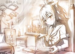 Rule 34 | 10s, 1girl, bad id, bad pixiv id, bae.c, blunt bangs, blush, book, boyogo, dated, drawing (object), hair ribbon, highres, holding, interior, kantai collection, monochrome, photo (object), picture frame, ponytail, ribbon, school uniform, short sleeves, solo, twitter username, watermark, wristband, yuubari (kancolle)