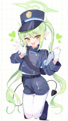 Rule 34 | 1girl, absurdres, black footwear, black hat, black jacket, black shorts, black tail, blue archive, blush, boots, demon tail, earrings, fang, gloves, green hair, green halo, halo, hat, heart, nozomi (blue archive), highres, jacket, jewelry, kneeling, long hair, long sleeves, looking at viewer, open mouth, pantyhose, peaked cap, pointy ears, revision, shishiodoshi, shorts, single earring, skin fang, smile, solo, tail, twintails, white gloves, white pantyhose, yellow eyes