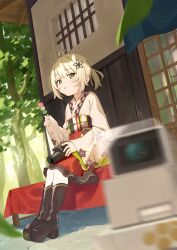 Rule 34 | 1girl, 1other, :t, absurdres, arknights, blanket, blonde hair, blue skirt, blurry, blurry foreground, boots, brown footwear, building, camera, chewing, commentary request, dango, flower, food, full body, green eyes, hair flower, hair ornament, highres, holding, holding camera, holding food, japanese clothes, knee boots, lens (arknights), long sleeves, looking at viewer, obi, official alternate costume, on bench, outdoors, pink shirt, robot, sanshoku dango, sash, scene (arknights), scene (betsushi) (arknights), shirt, short hair, short ponytail, shoujo l, sitting, skirt, tree, wagashi, wide sleeves