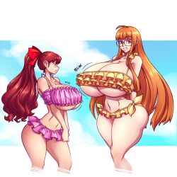 Rule 34 | 2girls, alternate breast size, alternate height, bikini, blunt bangs, breast envy, breasts, cropped legs, curvy, dark red hair, frilled bikini, frills, gigantic breasts, glass, glasses, grin, hair ribbon, height difference, huge breasts, long hair, multiple girls, n647, off-shoulder bikini, off shoulder, official alternate costume, orange hair, persona, persona 5, persona 5 the royal, ponytail, red eyes, red hair, ribbon, sakura futaba, size difference, smile, swimsuit, thick thighs, thighs, undersized clothes, very long hair, wide hips, yoshizawa kasumi