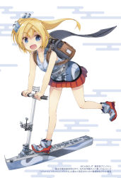 Rule 34 | 1girl, :d, anchor, backpack, bag, bare arms, belt, blonde hair, blue eyes, boots, camouflage, eyebrows, full body, hair ornament, kick scooter, leaning forward, leg up, long hair, looking at viewer, nanaroku (fortress76), open mouth, original, pleated skirt, ponytail, radar, shirt, skirt, sleeveless, sleeveless shirt, smile, solo, text focus, translation request, white background