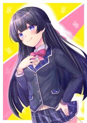 Rule 34 | 1girl, :q, black hair, black jacket, blazer, blush, braid, brown sweater, closed mouth, collared shirt, commentary request, dutch angle, frilled skirt, frills, grey skirt, hair ornament, hairclip, hand up, ittokyu, jacket, long hair, long sleeves, looking at viewer, nijisanji, plaid, plaid skirt, pleated skirt, purple eyes, school uniform, shirt, skirt, sleeves past wrists, smile, solo, sweater, tongue, tongue out, tsukino mito, tsukino mito (1st costume), very long hair, virtual youtuber, white shirt