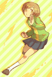 Rule 34 | 1girl, atlus, bad id, bad pixiv id, badge, breasts, brown hair, button badge, clenched hand, fighting stance, nemuko, o3o, persona, persona 4, pocket, running, satonaka chie, shoes, short hair, skirt, solo, thighhighs, turtleneck, yellow eyes