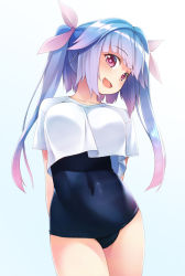 Rule 34 | 1girl, arms behind back, blue hair, breasts, covered navel, cowboy shot, flower-shaped pupils, hair ribbon, i-19 (kancolle), kantai collection, large breasts, long hair, looking at viewer, mofu namako, one-piece swimsuit, red eyes, ribbon, school swimsuit, shirt, simple background, smile, solo, star-shaped pupils, star (symbol), swimsuit, swimsuit under clothes, symbol-shaped pupils, t-shirt, tri tails, twintails, white background, white shirt