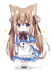 Rule 34 | 1girl, absurdres, animal ear fluff, animal ears, apron, black footwear, blue dress, blush stickers, bobby socks, brown hair, brown ribbon, cat ears, cat girl, cat tail, chibi, closed mouth, collared dress, commentary, dress, frilled apron, frilled dress, frills, full body, hair between eyes, hair ribbon, highres, long hair, looking at viewer, nakkar, original, ribbon, shadow, shoes, short dress, sketch, socks, solo, standing, star (symbol), striped, tail, twintails, twitter username, very long hair, white apron, white background, white socks