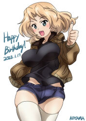 Rule 34 | 1girl, 9s0ykoyama117, blonde hair, blue eyes, breasts, dated, girls und panzer, highres, jacket, kay (girls und panzer), looking at viewer, medium breasts, open mouth, shorts, socks, solo, thighhighs, thumbs up, white background, white socks