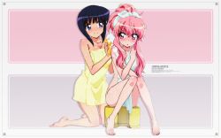 Rule 34 | 00s, artist request, barefoot, bathing, black hair, blue eyes, covering privates, highres, long hair, louise francoise le blanc de la valliere, naked towel, non-web source, nude cover, pink eyes, pink hair, ponytail, short hair, siesta (zero no tsukaima), towel, wallpaper, zero no tsukaima