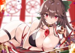 Rule 34 | 1girl, absurdres, bell, bikini, black bikini, black collar, blurry, blurry background, bow, breasts, brown hair, cleavage, closed mouth, collar, commission, doughnut, food, food on face, green bow, hair bow, highres, holding, holding food, large breasts, long hair, looking at viewer, lying, mole, mole on breast, navel, neck bell, on side, red eyes, reiuji utsuho, skeb commission, smile, solo, swimsuit, tetsurou (fe+), thigh strap, third eye, touhou