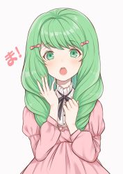 Rule 34 | 1girl, alternate costume, bow, dress, female focus, fire emblem, fire emblem: three houses, flayn (fire emblem), green eyes, green hair, hair bow, highres, long hair, long sleeves, matching hair/eyes, nintendo, open mouth, pink dress, shimizu akina, simple background, solo, upper body, white background