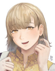 Rule 34 | 1girl, :d, absurdres, blush, brown eyes, brown hair, dungeon meshi, falin touden, falin touden (tallman), hair behind ear, hands up, highres, icebuko, light brown hair, looking at viewer, open mouth, portrait, short hair, simple background, smile, solo, twirling hair, white background