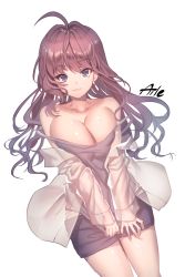 Rule 34 | 1girl, :3, ahoge, aile (crossroads), bare shoulders, blue eyes, blush, breasts, brown hair, cleavage, closed mouth, collarbone, earrings, ichinose shiki, idolmaster, idolmaster cinderella girls, jewelry, large breasts, lips, long hair, long sleeves, looking at viewer, off-shoulder shirt, off shoulder, open clothes, open shirt, shirt, shorts, simple background, smile, solo, tank top, wavy hair, white background, white shirt