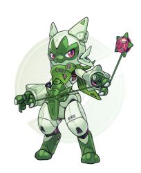 Rule 34 | creatures (company), floragato, full body, game freak, holding, holding toy, looking at viewer, lordyanyu, multicolored background, nintendo, no humans, pink eyes, pokemon, pokemon (creature), robot, standing, toy, yo-yo