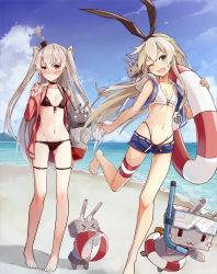 Rule 34 | 10s, 2girls, ;d, amatsukaze (kancolle), anchor, anchor hair ornament, ball, barefoot, beach, beachball, bikini, black bikini, black eyes, blonde hair, blush, breasts, brown eyes, choker, cloud, commentary request, day, hair ornament, hair ribbon, hairband, highleg, highleg bikini, highres, jacket, kantai collection, lifebuoy, long hair, looking at viewer, multiple girls, navel, ocean, one eye closed, open clothes, open jacket, open mouth, outdoors, rensouhou-chan, rensouhou-kun, ribbon, running, sailor collar, sand, shimakaze (kancolle), silver hair, sky, small breasts, smile, snorkel, standing, swim ring, swimsuit, takanashie, thigh strap, two side up, water, white bikini