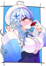 Rule 34 | 1girl, ahoge, bare shoulders, beret, black corset, blue coat, blue hair, blush, braid, breasts, center frills, cleavage, cleavage cutout, clothing cutout, coat, coat partially removed, colored tips, corset, cup, drunk, elf, fingernails, flower, frilled shirt, frills, from side, fur-trimmed coat, fur trim, hair between eyes, hair flower, hair ornament, half updo, hat, heart, heart ahoge, highres, hololive, impossible clothes, impossible shirt, kajimakoto, large breasts, long hair, looking at viewer, multicolored hair, off shoulder, pinching gesture, pointy ears, sakazuki, shirt, sleeveless, sleeveless shirt, solo, squeans, streaked hair, underbust, upper body, very long hair, virtual youtuber, w arms, white hat, white shirt, yellow eyes, yukihana lamy