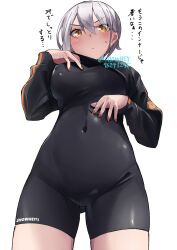 Rule 34 | 1girl, artist name, black bodysuit, bodysuit, breasts, covered navel, cowboy shot, crop top, crop top lift, from below, gluteal fold, grey hair, groin, hand on own chest, hand on own stomach, highres, light blush, light frown, looking down, medium breasts, nail polish, nishisaki fuyuka, orange eyes, orange nails, original, showhey!!, simple background, solo, translation request, v-shaped eyebrows, white background