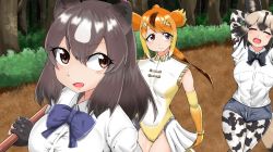 Rule 34 | 10s, absurdres, african wild dog (kemono friends), animal ears, artist request, bear ears, paw stick, brown bear (kemono friends), circlet, commentary request, elbow gloves, fangs, gloves, golden snub-nosed monkey (kemono friends), highres, kemono friends, leotard, long hair, monkey ears, monkey tail, multiple girls, ponytail, short hair, staff, tail, thighhighs