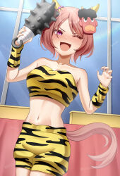 Rule 34 | 1girl, animal ears, blush, breasts, brown hair, cleavage, collarbone, commentary request, hair ornament, highres, horse ears, horse girl, horse tail, looking at viewer, mask, medium breasts, motsushi, navel, one eye closed, oni costume, open mouth, purple eyes, sakura laurel (oni laurel) (umamusume), sakura laurel (umamusume), solo, tail, umamusume, umamusume: star blossom, weapon, window
