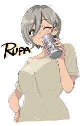 Rule 34 | 1girl, asahi breweries, beer can, blush, can, character name, closed mouth, commentary request, drink can, girls band cry, green eyes, grey hair, grey shirt, hand on own hip, highres, holding, holding can, mole, mole under eye, one eye closed, rupa (girls band cry), shirt, shirt slip, short hair, simple background, smile, solo, upper body, usagii!, white background