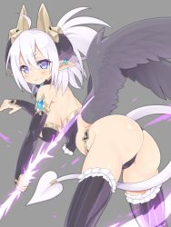 Rule 34 | 1girl, ass, breasts, bridal gauntlets, demon girl, demon tail, energy, eteru (mofuaki), feathered wings, grin, highres, horns, large breasts, long hair, mofuaki, original, pointy ears, purple eyes, purple hair, ribbed legwear, smile, solo, tail, thighhighs, thong, white hair, wings