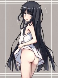 Rule 34 | 1girl, ass, black eyes, black hair, bottomless, clothes lift, dress, dress lift, female focus, from behind, highres, long hair, looking back, messy hair, no panties, open mouth, original, sleeveless, solo, thighs, white dress, yufuissei0702