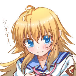 Rule 34 | 1girl, angel beats!, blonde hair, blue eyes, blue sailor collar, blush, close-up, closed mouth, commentary request, eyes visible through hair, frown, furrowed brow, hair between eyes, highres, long hair, looking at viewer, sad, sailor collar, sekine shiori, shinda sekai sensen uniform, shirt, simple background, sketch, solo, sound effects, spiked hair, tears, translated, upturned eyes, white background, white shirt, wilted ahoge, zuzuhashi