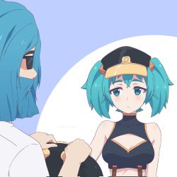Rule 34 | 1boy, 1girl, aqua eyes, aqua hair, bare arms, bare shoulders, beard, black headwear, black shirt, blue hair, blush, breasts, cleavage cutout, clothing cutout, commentary, cube hair ornament, dracer (vtuber), facial hair, hair ornament, hat, highres, holding, holding clothes, holding jacket, indie virtual youtuber, jacket, looking at another, medium breasts, medium hair, patrick fche, peaked cap, real life, shirt, sidelocks, sideways glance, spanish commentary, sunglasses, suspenders, thedracergx, twintails, virtual youtuber, white shirt
