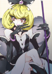 Rule 34 | 10s, 1girl, bare shoulders, black gloves, blonde hair, bracelet, copyright name, elbow gloves, gloves, happinesscharge precure!, jewelry, crossed legs, lips, precure, queen mirage, red eyes, short hair, solo, staff, tima