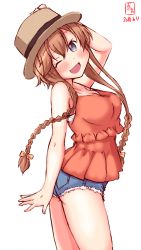 Rule 34 | 1girl, alternate costume, arched back, artist logo, blouse, braid, brown hair, casual, commentary request, dated, denim, denim shorts, grey eyes, hat, highres, holding, holding clothes, holding hat, kanon (kurogane knights), kantai collection, light brown hair, long hair, one eye closed, open mouth, orange shirt, shirt, short shorts, shorts, simple background, smile, solo, spaghetti strap, teruzuki (kancolle), twin braids, white background