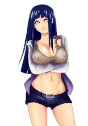 Rule 34 | 1girl, angry, blank eyes, blue hair, bra, breasts, cleavage, covered erect nipples, evil-dei, fishnets, hime cut, hyuuga hinata, jacket, large breasts, long hair, looking at viewer, midriff, groin, naruto, naruto: road to ninja, naruto (series), naruto shippuuden, navel, open clothes, open jacket, purple eyes, short shorts, shorts, simple background, solo, standing, underwear