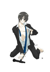 Rule 34 | 1boy, barefoot, blue necktie, brown eyes, come hither, formal, full body, glasses, hair over one eye, highres, hiyama kiyoteru, jacket, kneeling, licking lips, male focus, microphone, mouri, naughty face, necktie, open clothes, open jacket, open shirt, out of character, pale skin, shirt, signature, simple background, solo, suit, swept bangs, tongue, tongue out, undone necktie, vocaloid, white background