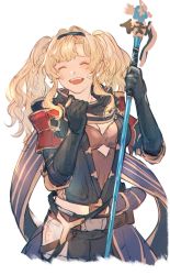Rule 34 | 1girl, bandaid, bandaid on face, black gloves, blonde hair, blush, breasts, cropped legs, elbow gloves, closed eyes, gloves, granblue fantasy, hair intakes, headband, highres, long hair, medium breasts, open mouth, shimatani azu, smile, solo, staff, teeth, two side up, upper teeth only, white background, zeta (granblue fantasy)