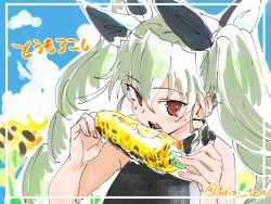 Rule 34 | 10s, 1girl, anchovy (girls und panzer), bad id, bad twitter id, black shirt, blue sky, collar, commentary request, corn, corn cob, day, eating, flower, food, girls und panzer, green hair, hair ribbon, holding, holding food, looking at viewer, open mouth, red eyes, ribbon, shirt, sketch, sky, sleeveless, solo, sunflower, torichamaru, translation request, twintails, twitter username