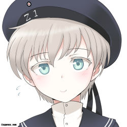 Rule 34 | 1girl, black dress, black hat, black sailor collar, blonde hair, blue eyes, breasts, closed mouth, clothes writing, colored eyelashes, cypress, dress, flying sweatdrops, hair between eyes, hat, kantai collection, looking at viewer, portrait, sailor collar, sailor dress, sailor hat, short hair, simple background, smile, solo, twitter username, white background, z1 leberecht maass (kancolle)