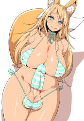 Rule 34 | 1girl, animal ears, bikini, blonde hair, blue eyes, breasts, censored, cleavage, covered erect nipples, erection, futanari, highres, large breasts, long hair, looking at viewer, penis, penis sheath, sitting, smile, sock on penis, socks, solo, swimsuit, tail, testicles, tongue, tongue out, ubanis