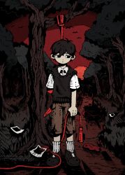 Rule 34 | 1boy, 9twoeight, black eyes, black footwear, black hair, black sweater, blood, brown shorts, collared shirt, full body, highres, holding, holding rope, jump rope, looking away, omori, photo (object), rope, shirt, short hair, short sleeves, shorts, socks, solo, spoilers, standing, sunny (omori), sweater, tree, white shirt, white socks