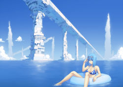 Rule 34 | 1girl, bad id, bad pixiv id, bare shoulders, barefoot, bikini, blue eyes, blue hair, blue theme, bridge, cloud, day, goggles, goggles on head, innertube, izumi sai, landscape, looking at viewer, matching hair/eyes, ocean, original, partially submerged, perspective, scenery, science fiction, short hair, sitting, sky, soaking feet, solo, swim ring, swimsuit, tower, water, wet, wet hair