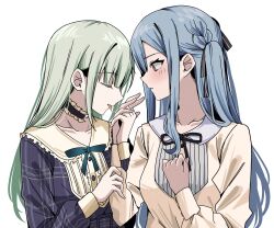 2girls bang_dream! bang_dream!_it&#039;s_mygo!!!!! black_ribbon blue_dress blue_hair blush bucishiro choker closed_eyes commentary dress frilled_choker frills green_hair hair_ribbon highres holding_another&#039;s_arm holding_hands interlocked_fingers licking_another&#039;s_hand long_hair long_sleeves multiple_girls parted_lips plaid_clothes plaid_dress ribbon shirt simple_background togawa_sakiko tongue tongue_out two_side_up wakaba_mutsumi white_background white_shirt yellow_eyes yuri