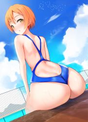 1girl absurdres ass blue_one-piece_swimsuit blue_sky blush butt_crack competition_swimsuit day dutch_angle from_behind highleg highleg_one-piece_swimsuit highres hoshizora_rin looking_at_viewer looking_back love_live! love_live!_school_idol_project minted one-piece_swimsuit orange_hair outdoors pool poolside shiny_skin short_hair sky solo swimsuit thighs water wedgie wet wet_clothes wet_swimsuit yellow_eyes