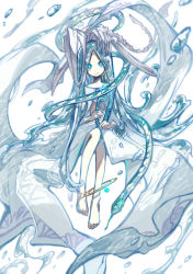 Rule 34 | 1girl, absurdres, anklet, aqua eyes, aqua hair, bare legs, barefoot, bone, closed mouth, dress, eyes visible through hair, highres, holding, holding instrument, instrument, instrument request, jewelry, long hair, looking at viewer, original, ototoi (eevees813), parted bangs, snake, solo, very long hair, water, water drop, white background, white dress