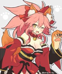Rule 34 | 1girl, animal ear fluff, animal ears, animal hands, artist name, bell, blush, bow, breasts, claw pose, cleavage, collar, commentary, detached sleeves, dress, fang, fate/grand order, fate (series), fox ears, fox girl, fox tail, grey background, hair between eyes, hair bow, hair ribbon, japanese clothes, kimono, large breasts, leaning forward, long hair, looking at viewer, neck bell, obi, one eye closed, open mouth, paw pose, paw print, ponytail, red bow, red collar, red dress, red kimono, red ribbon, ribbon, sash, sidelocks, smile, solo, standing, tail, tamamo (fate), tamamo cat (fate), tamamo cat (first ascension) (fate), white background, yellow eyes, yoriteruru