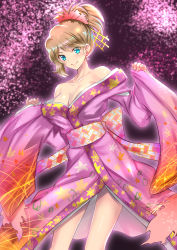 Rule 34 | 1girl, alternate costume, bare shoulders, blue eyes, blush, breasts, cleavage, collarbone, commentary, commentary request, creatures (company), floral print, flower, game freak, gen 6 pokemon, hair ornament, highres, japanese clothes, kimono, large breasts, light smile, long hair, looking at viewer, night, nintendo, obi, pink kimono, pokemon, pokemon (anime), pokemon xy, pokemon xy (anime), sash, serena (pokemon), short hair, short ponytail, smile, solo, takecha, wide sleeves, yukata