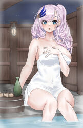 Rule 34 | 1girl, absurdres, aidoruhakase, blue eyes, blush, braid, breasts, cleavage, feather hair ornament, feathers, grey hair, hair ornament, high ponytail, highres, hololive, hololive indonesia, large breasts, long hair, looking at viewer, naked towel, night, night sky, onsen, open mouth, parted bangs, pavolia reine, ponytail, sky, solo, star (sky), towel, virtual youtuber, water