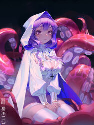 Rule 34 | 1girl, absurdres, artist name, black background, bow, breasts, cape, cleavage, cleavage cutout, clothing cutout, cross, cross necklace, frills, highres, hood, jewelry, large breasts, latin cross, long hair, long sleeves, necklace, original, purple eyes, purple hair, starlab, tentacles, thighhighs, two-sided cape, two-sided fabric, white cape
