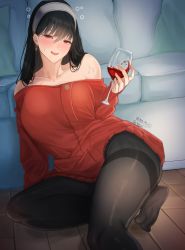 Rule 34 | 1girl, :d, alcohol, bare shoulders, black hair, black pantyhose, blush, breasts, collarbone, commentary, couch, cup, dress, drinking glass, drunk, earrings, foot out of frame, grey hairband, hair between eyes, hairband, hand up, head tilt, highres, holding, holding cup, indoors, jewelry, large breasts, long hair, long sleeves, looking at viewer, no shoes, nyahpa20, off-shoulder dress, off-shoulder sweater, off shoulder, open mouth, pantyhose, red dress, red eyes, red sweater, sitting, smile, solo, spy x family, squeans, sweater, sweater dress, thighband pantyhose, thighs, wine, wine glass, yor briar