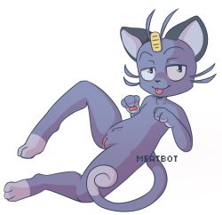 Rule 34 | 1girl, :3, alolan form, alolan meowth, animal ears, animal hands, barefoot, black eyes, cat ears, cat tail, creatures (company), feet, female focus, full body, furry, furry female, game freak, gen 7 pokemon, half-closed eyes, hands up, knee up, lying, meatbot, nintendo, nude, on back, paw pose, personification, pokemon, pokemon (creature), pussy, pussy juice, simple background, smile, solo, spread legs, tail, uncensored, whiskers, white background