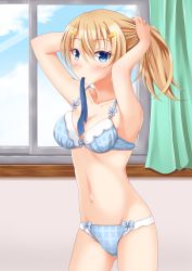 Rule 34 | 1girl, adjusting hair, bad id, bad pixiv id, blonde hair, blue bra, blue eyes, blue panties, blue ribbon, blush, bow, bow bra, bow panties, bra, breasts, checkered bra, checkered clothes, checkered panties, cleavage, cloud, cloudy sky, collarbone, commentary, cowboy shot, crotch seam, curtains, day, gluteal fold, hair ornament, hairclip, highres, indoors, long hair, looking at viewer, medium breasts, mouth hold, navel, original, panties, ponytail, ribbon, sky, solo, standing, underwear, window, yamato (083)