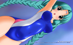 Rule 34 | 1990s (style), 1girl, aqua hair, braid, calendar, canal vorfeed, competition swimsuit, dutch angle, highres, long hair, lost universe, one-piece swimsuit, purple eyes, retro artstyle, solo, sugimura tomokazu, swimsuit, twin braids, twintails