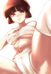 Rule 34 | 1girl, atlus, blunt bangs, blush, breasts, brown hair, embarrassed, fundoshi, isabeau (megami tensei), japanese clothes, large breasts, lips, naso4, red eyes, sarashi, shin megami tensei, shin megami tensei iv, short hair, solo, spread legs, thighhighs, underboob, underwear, underwear only, white thighhighs